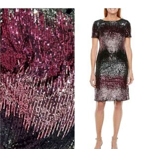 R & M Richards Multi Ombre Sequin Short Sleeve  Midi  Dress Size 6P NWT